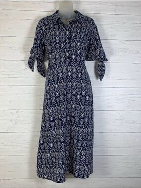 Lucky Brand Navy Printed Midi Shirt Dress with Tie Sleeves, Sz S